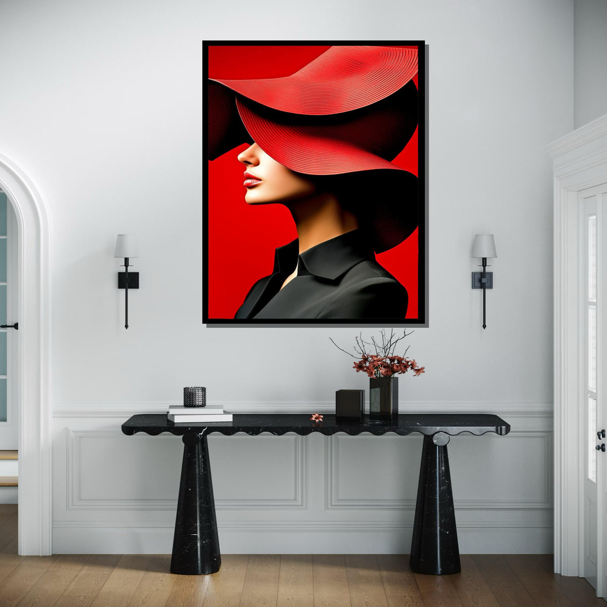 Bold Red Hat Portrait Canvas, Woman Wall Decor, Fashion Icon Wall Art, Vibrant Minimalist Decor, Elegant Woman Artwork, Ready to Hang Canvas