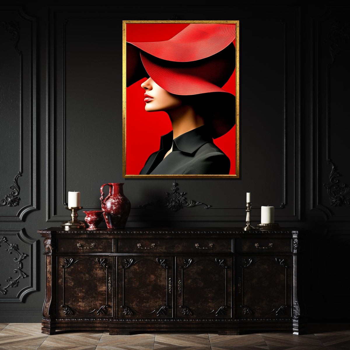 Bold Red Hat Portrait Canvas, Woman Wall Decor, Fashion Icon Wall Art, Vibrant Minimalist Decor, Elegant Woman Artwork, Ready to Hang Canvas