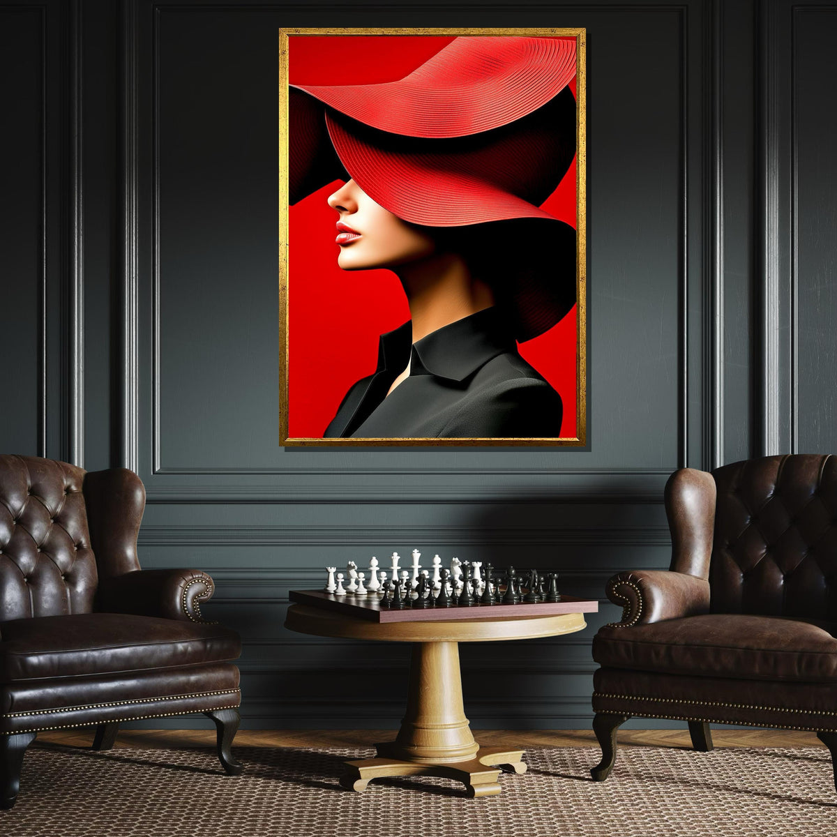 Bold Red Hat Portrait Canvas, Woman Wall Decor, Fashion Icon Wall Art, Vibrant Minimalist Decor, Elegant Woman Artwork, Ready to Hang Canvas