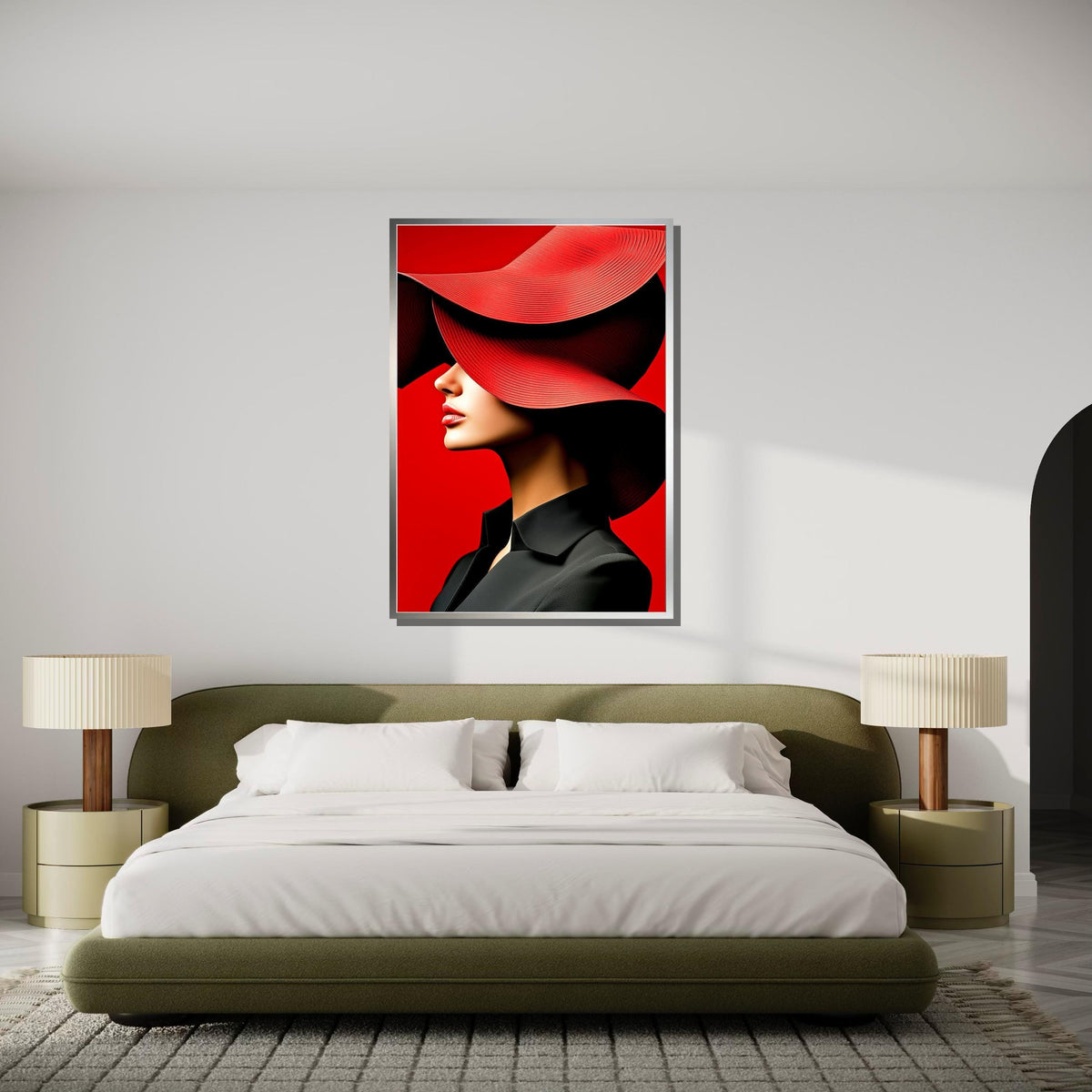 Bold Red Hat Portrait Canvas, Woman Wall Decor, Fashion Icon Wall Art, Vibrant Minimalist Decor, Elegant Woman Artwork, Ready to Hang Canvas