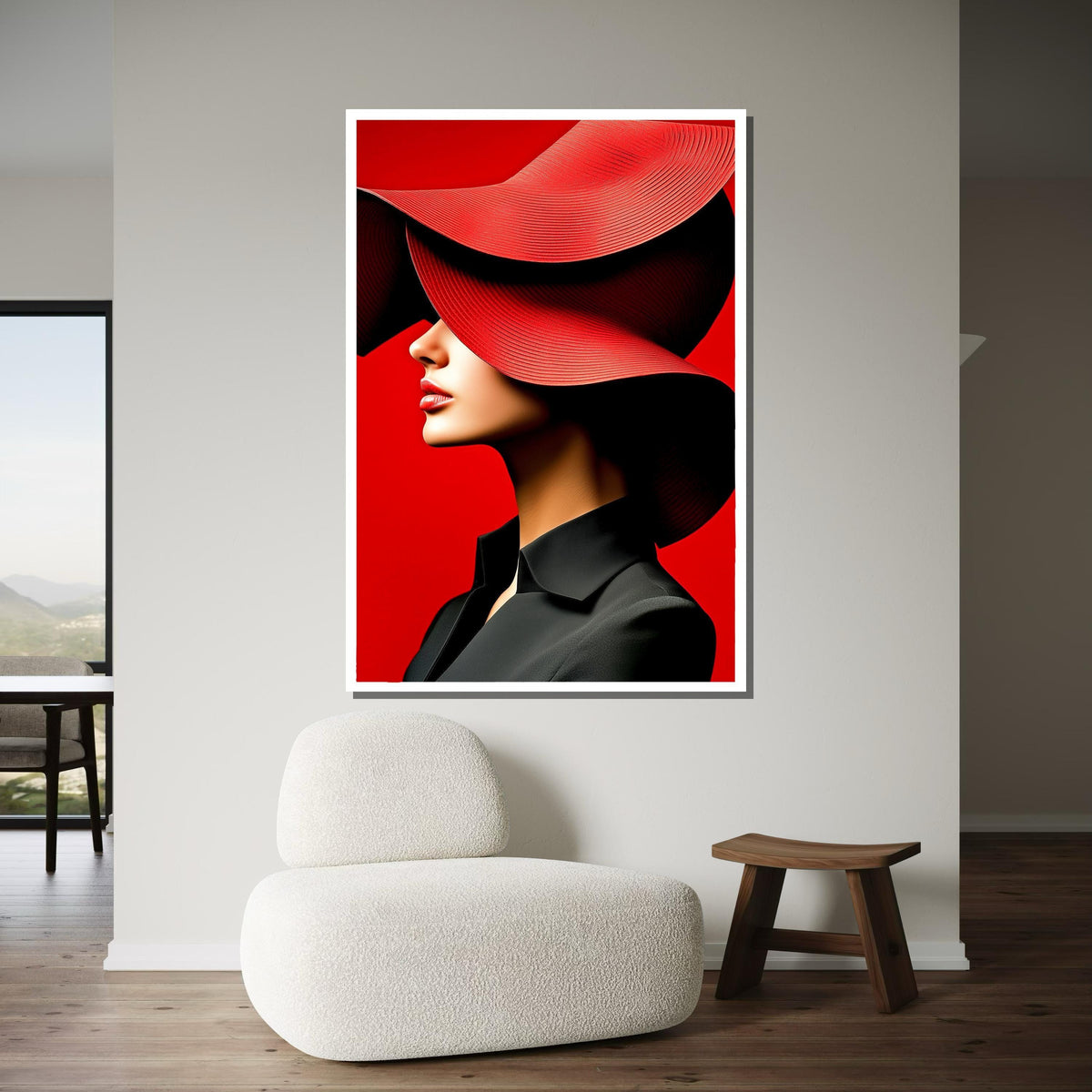 Bold Red Hat Portrait Canvas, Woman Wall Decor, Fashion Icon Wall Art, Vibrant Minimalist Decor, Elegant Woman Artwork, Ready to Hang Canvas