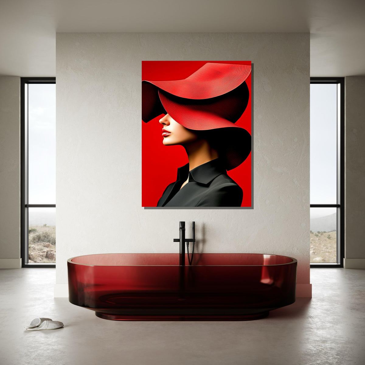 Bold Red Hat Portrait Canvas, Woman Wall Decor, Fashion Icon Wall Art, Vibrant Minimalist Decor, Elegant Woman Artwork, Ready to Hang Canvas