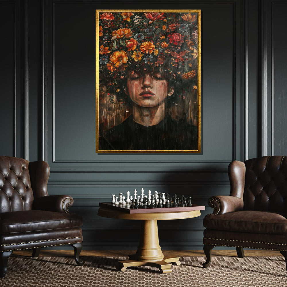 Emotional Floral Portrait Canvas, Surreal Blooming Head Artwork, Nature and Emotion Wall Art, Dreamlike Flower Design, Ready to Hang Canvas