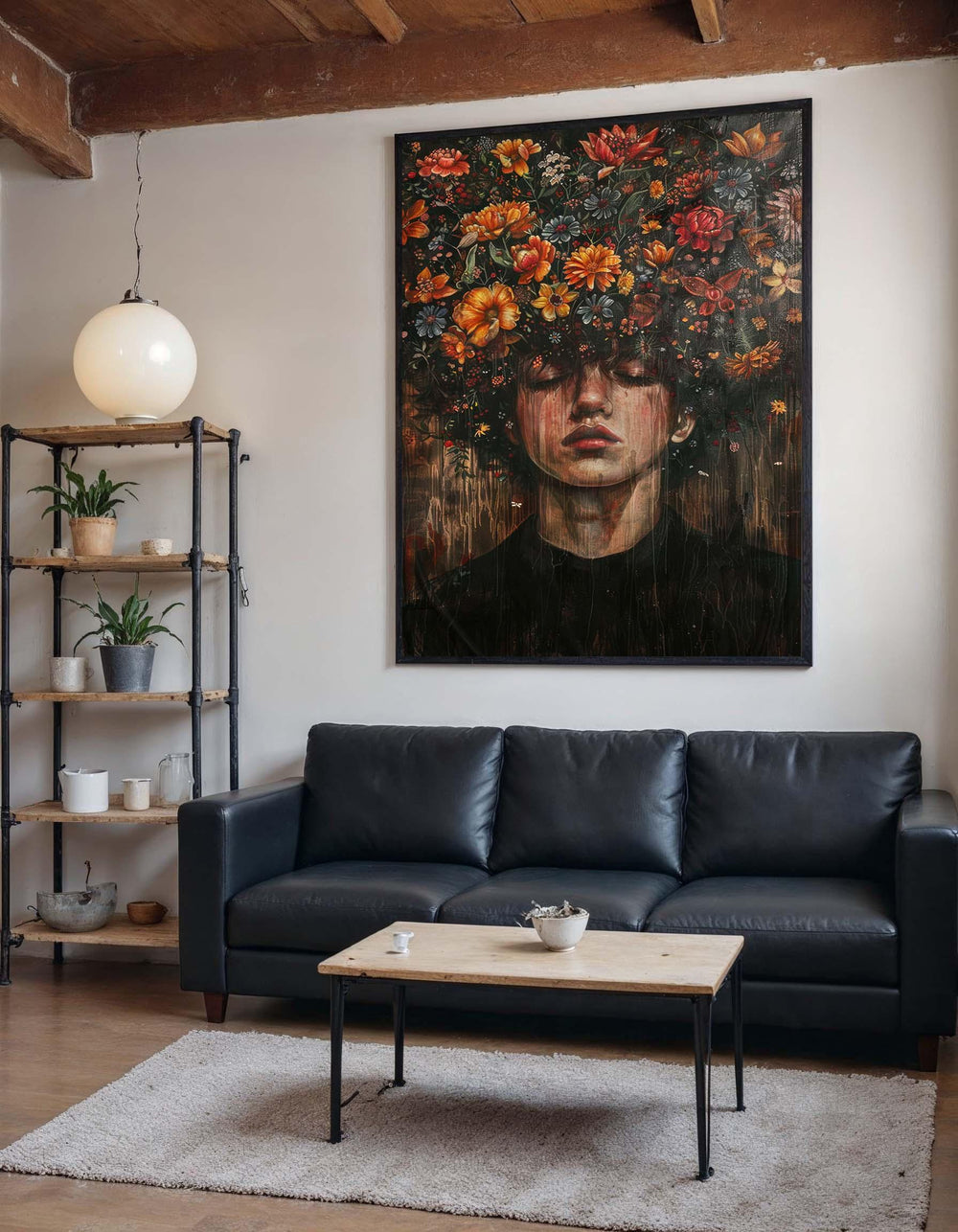 Emotional Floral Portrait Canvas, Surreal Blooming Head Artwork, Nature and Emotion Wall Art, Dreamlike Flower Design, Ready to Hang Canvas
