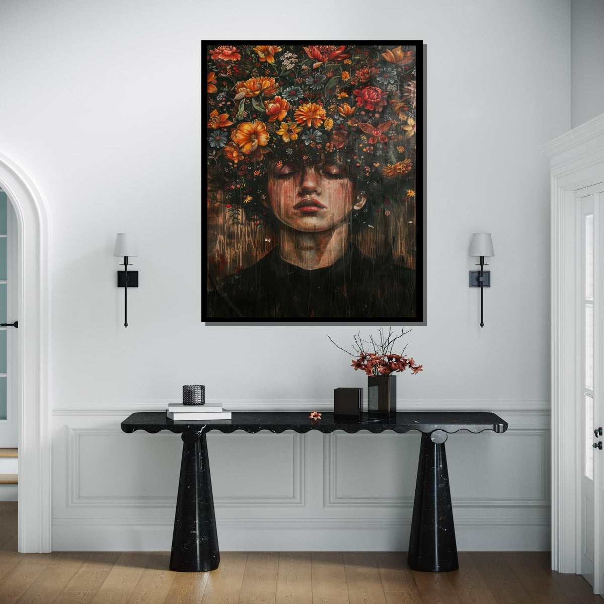 Emotional Floral Portrait Canvas, Surreal Blooming Head Artwork, Nature and Emotion Wall Art, Dreamlike Flower Design, Ready to Hang Canvas