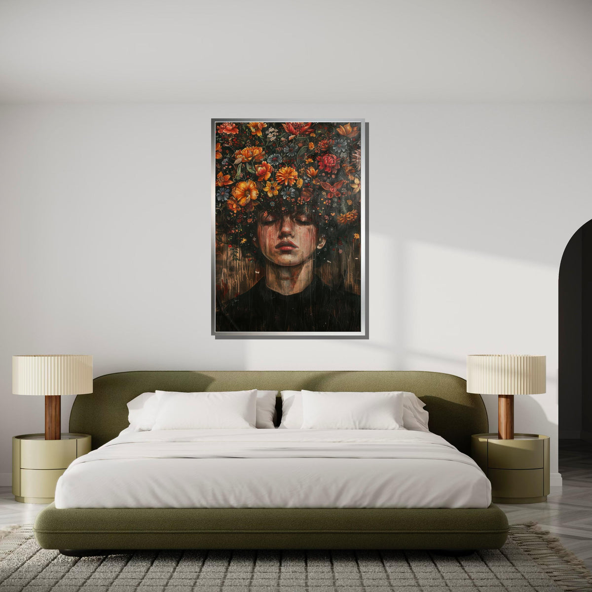 Emotional Floral Portrait Canvas, Surreal Blooming Head Artwork, Nature and Emotion Wall Art, Dreamlike Flower Design, Ready to Hang Canvas