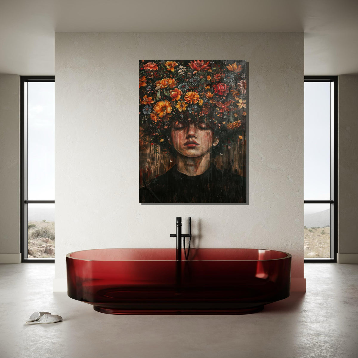 Emotional Floral Portrait Canvas, Surreal Blooming Head Artwork, Nature and Emotion Wall Art, Dreamlike Flower Design, Ready to Hang Canvas