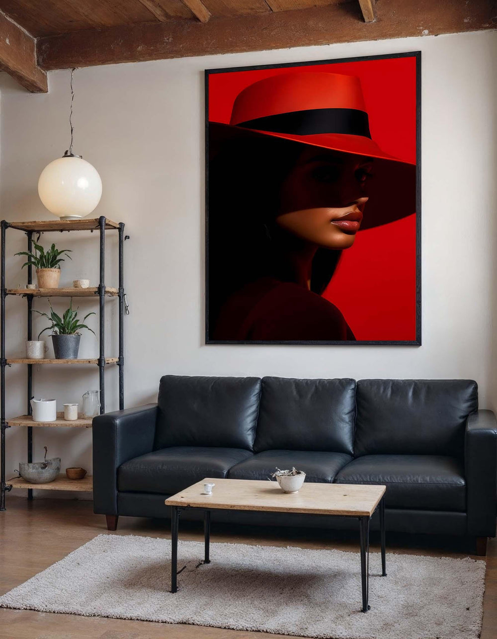Bold Red Hat Portrait Canvas, Woman Wall Decor, Fashion Icon Wall Art, Vibrant Minimalist Decor, Elegant Woman Artwork, Ready to Hang Canvas