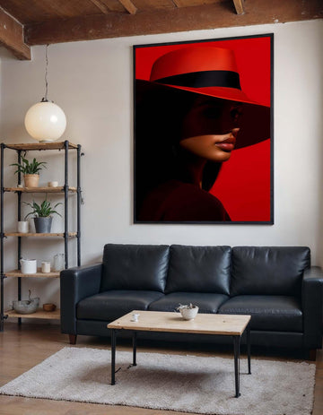Bold Red Hat Portrait Canvas, Woman Wall Decor, Fashion Icon Wall Art, Vibrant Minimalist Decor, Elegant Woman Artwork, Ready to Hang Canvas