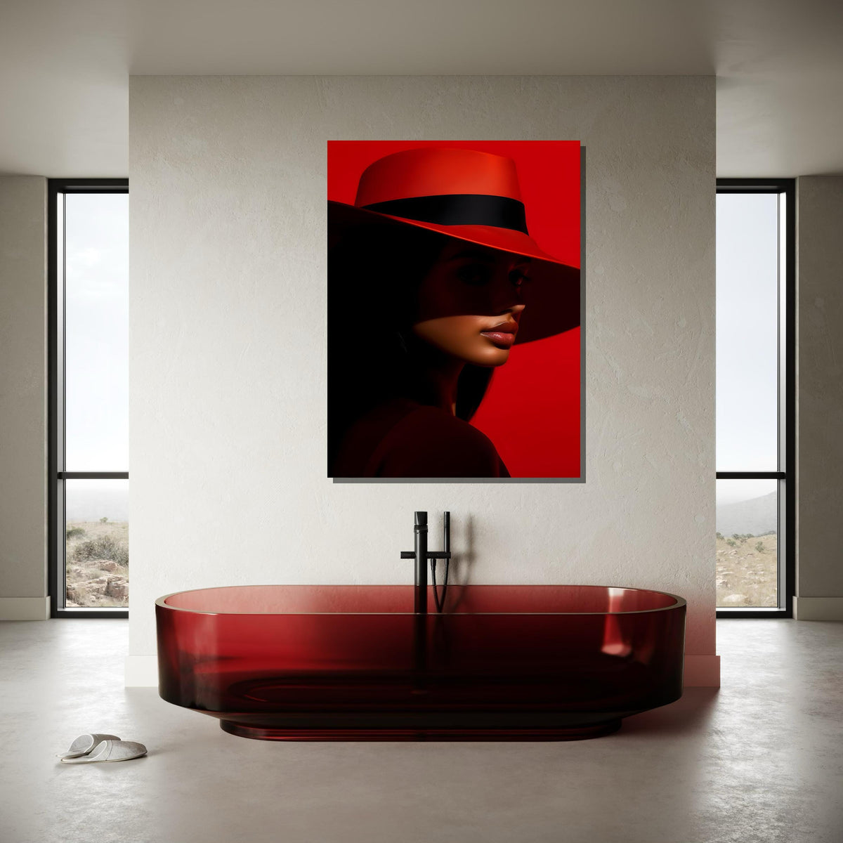 Bold Red Hat Portrait Canvas, Woman Wall Decor, Fashion Icon Wall Art, Vibrant Minimalist Decor, Elegant Woman Artwork, Ready to Hang Canvas