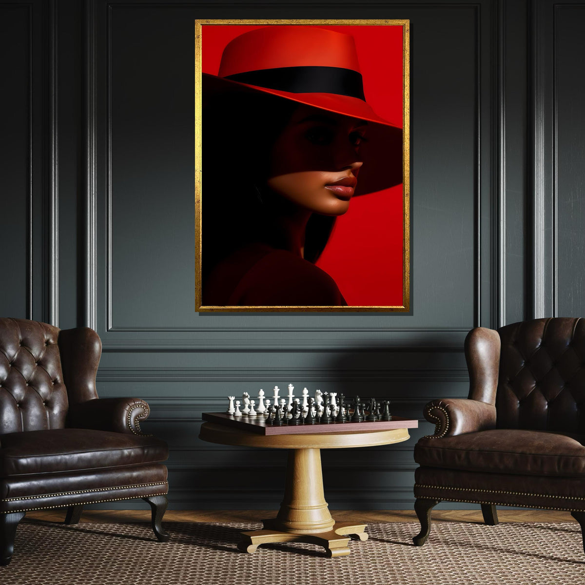 Bold Red Hat Portrait Canvas, Woman Wall Decor, Fashion Icon Wall Art, Vibrant Minimalist Decor, Elegant Woman Artwork, Ready to Hang Canvas