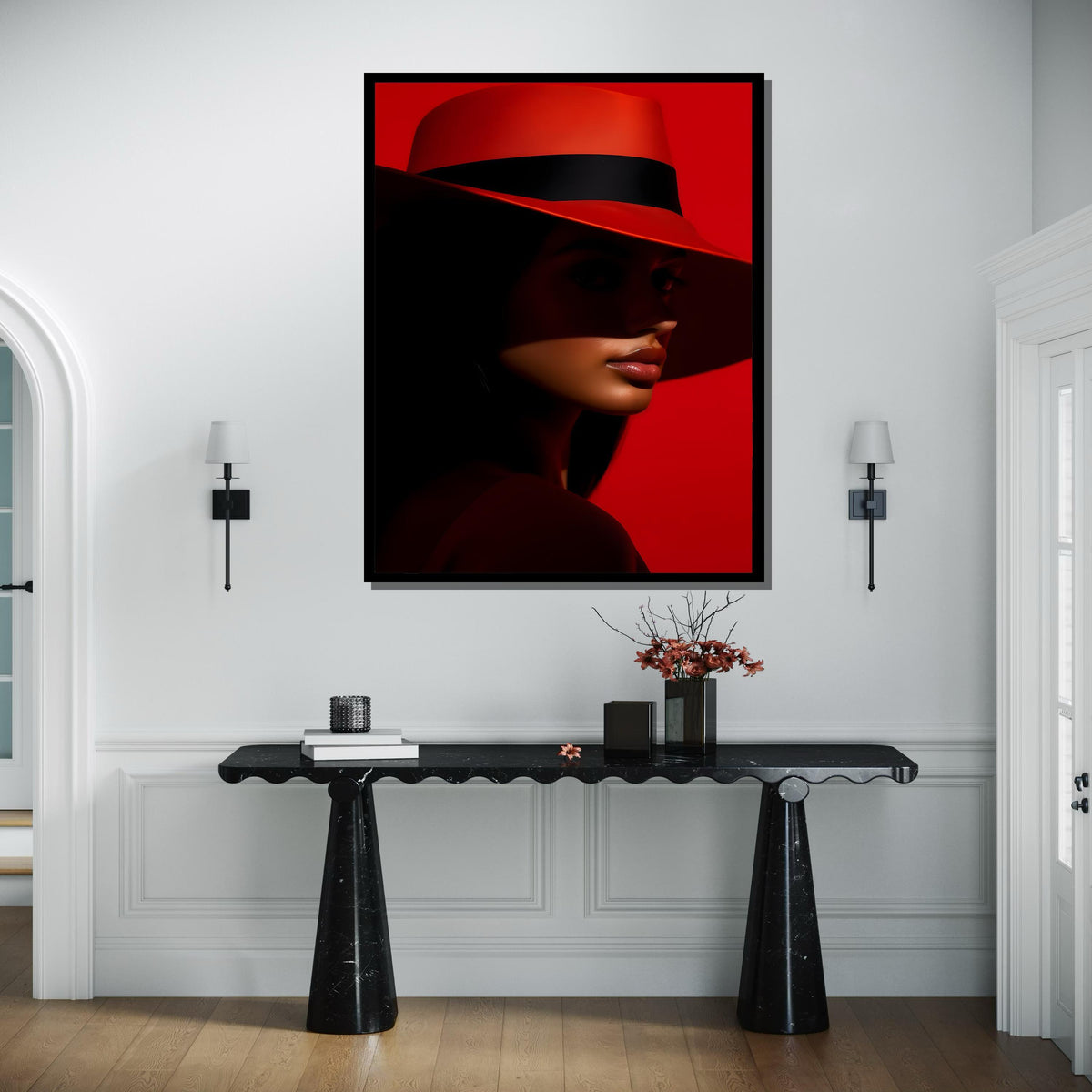 Bold Red Hat Portrait Canvas, Woman Wall Decor, Fashion Icon Wall Art, Vibrant Minimalist Decor, Elegant Woman Artwork, Ready to Hang Canvas
