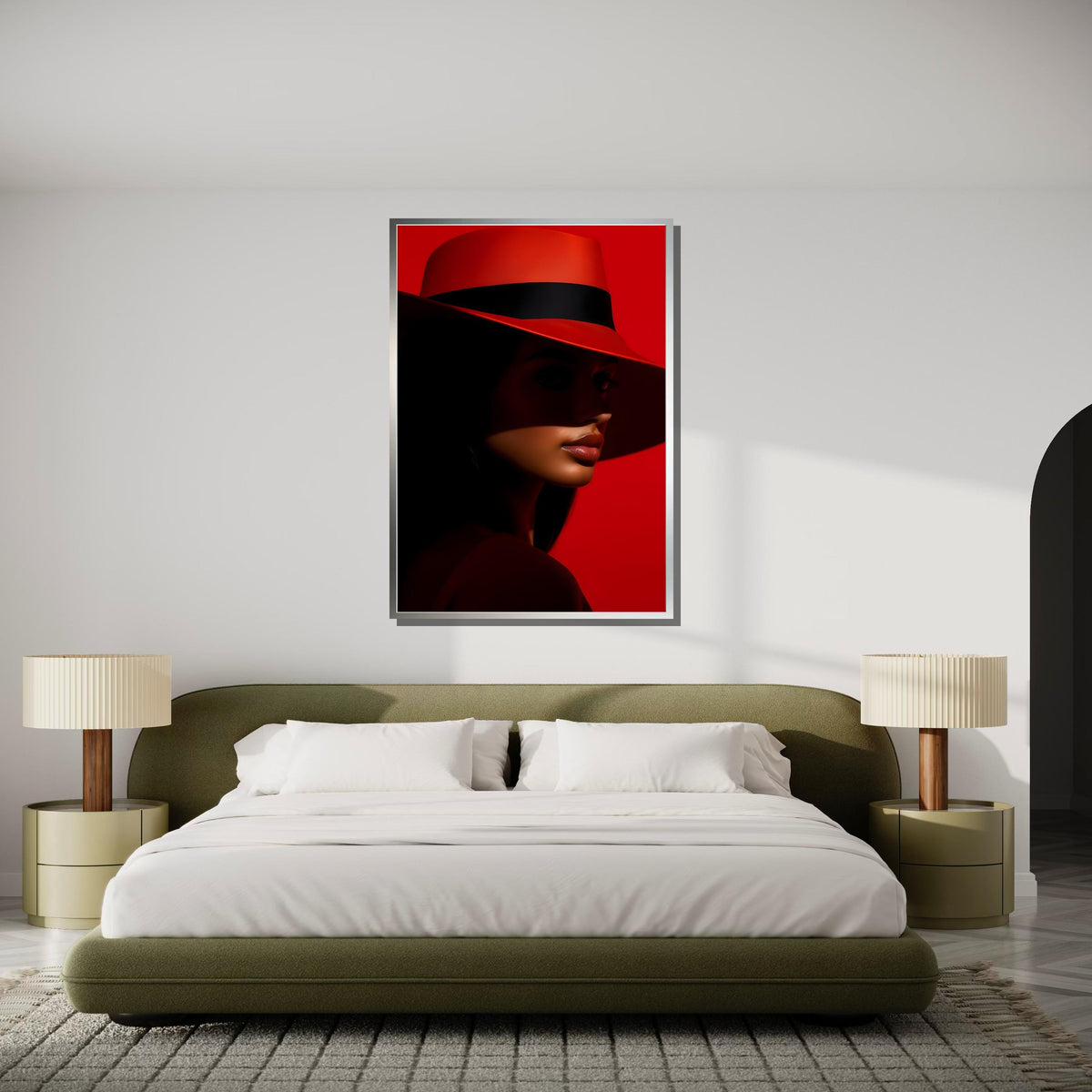 Bold Red Hat Portrait Canvas, Woman Wall Decor, Fashion Icon Wall Art, Vibrant Minimalist Decor, Elegant Woman Artwork, Ready to Hang Canvas