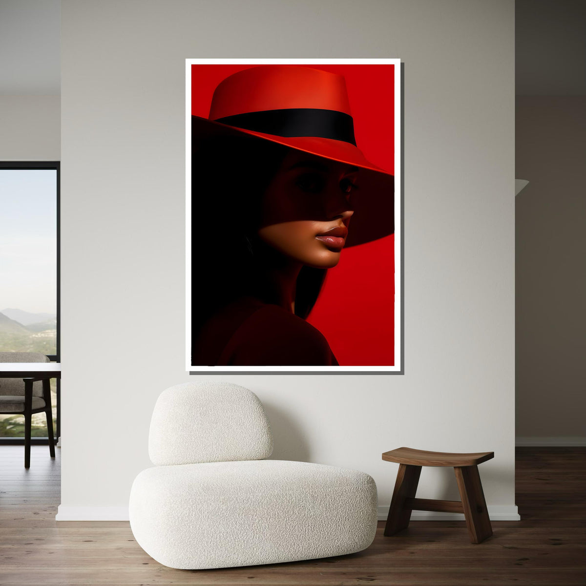 Bold Red Hat Portrait Canvas, Woman Wall Decor, Fashion Icon Wall Art, Vibrant Minimalist Decor, Elegant Woman Artwork, Ready to Hang Canvas