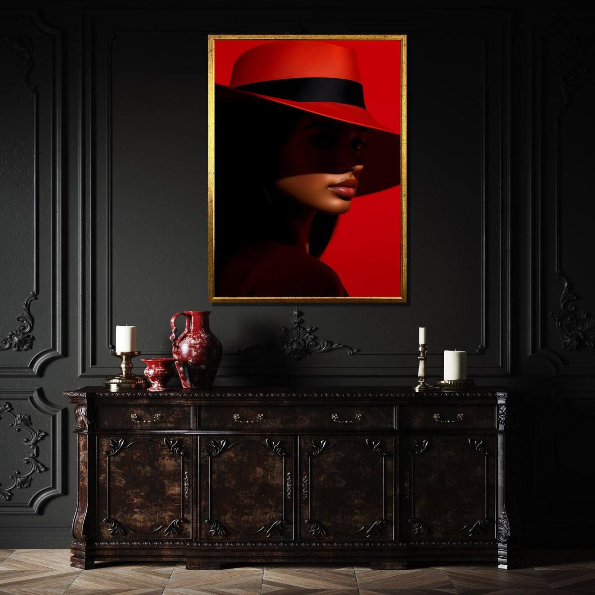 Bold Red Hat Portrait Canvas, Woman Wall Decor, Fashion Icon Wall Art, Vibrant Minimalist Decor, Elegant Woman Artwork, Ready to Hang Canvas