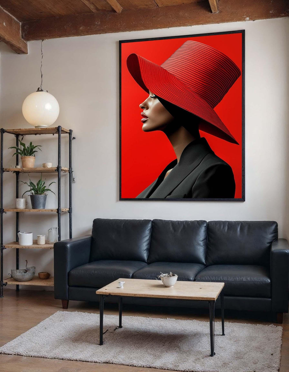Bold Red Hat Portrait Canvas, Woman Wall Decor, Fashion Icon Wall Art, Vibrant Minimalist Decor, Elegant Woman Artwork, Ready to Hang Canvas