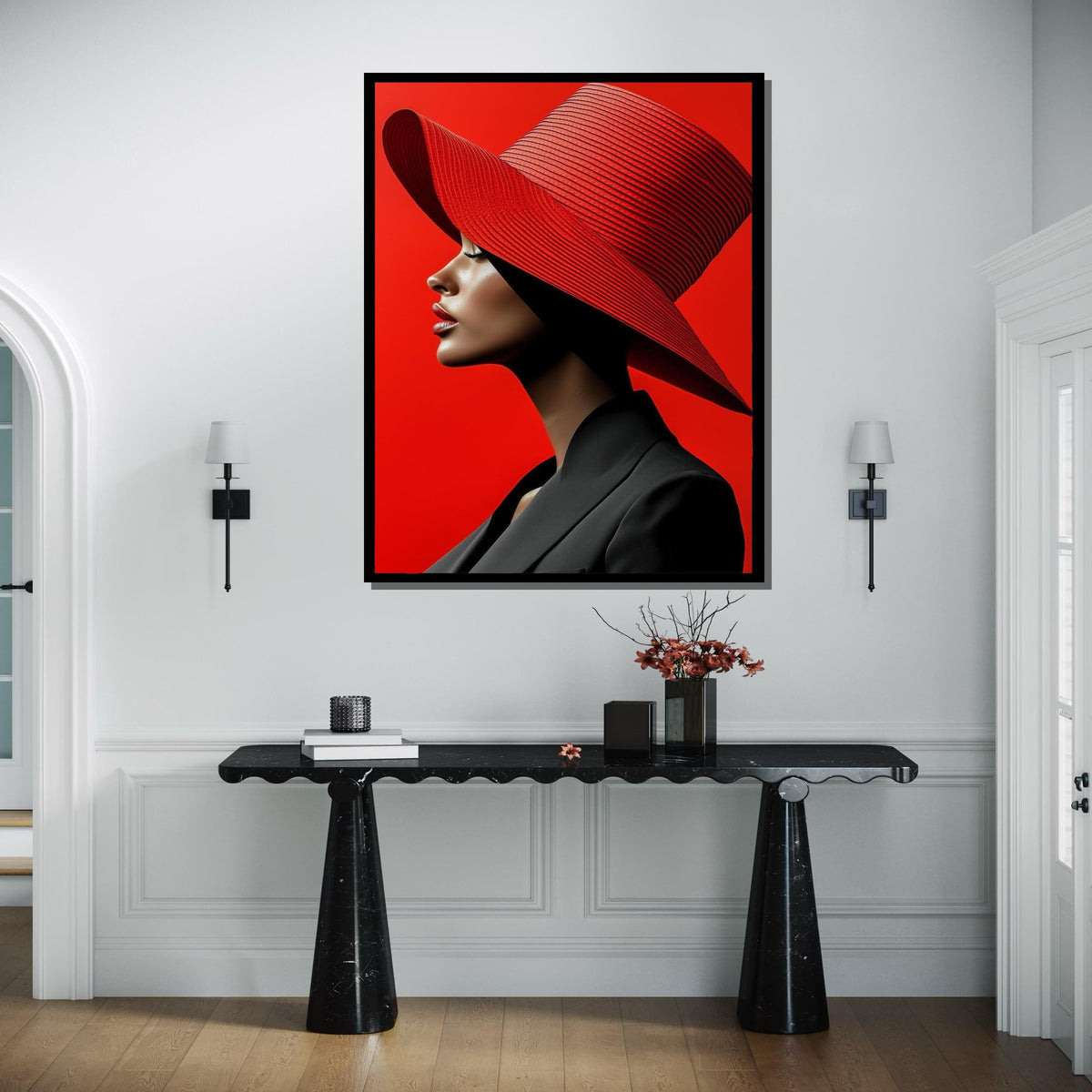 Bold Red Hat Portrait Canvas, Woman Wall Decor, Fashion Icon Wall Art, Vibrant Minimalist Decor, Elegant Woman Artwork, Ready to Hang Canvas