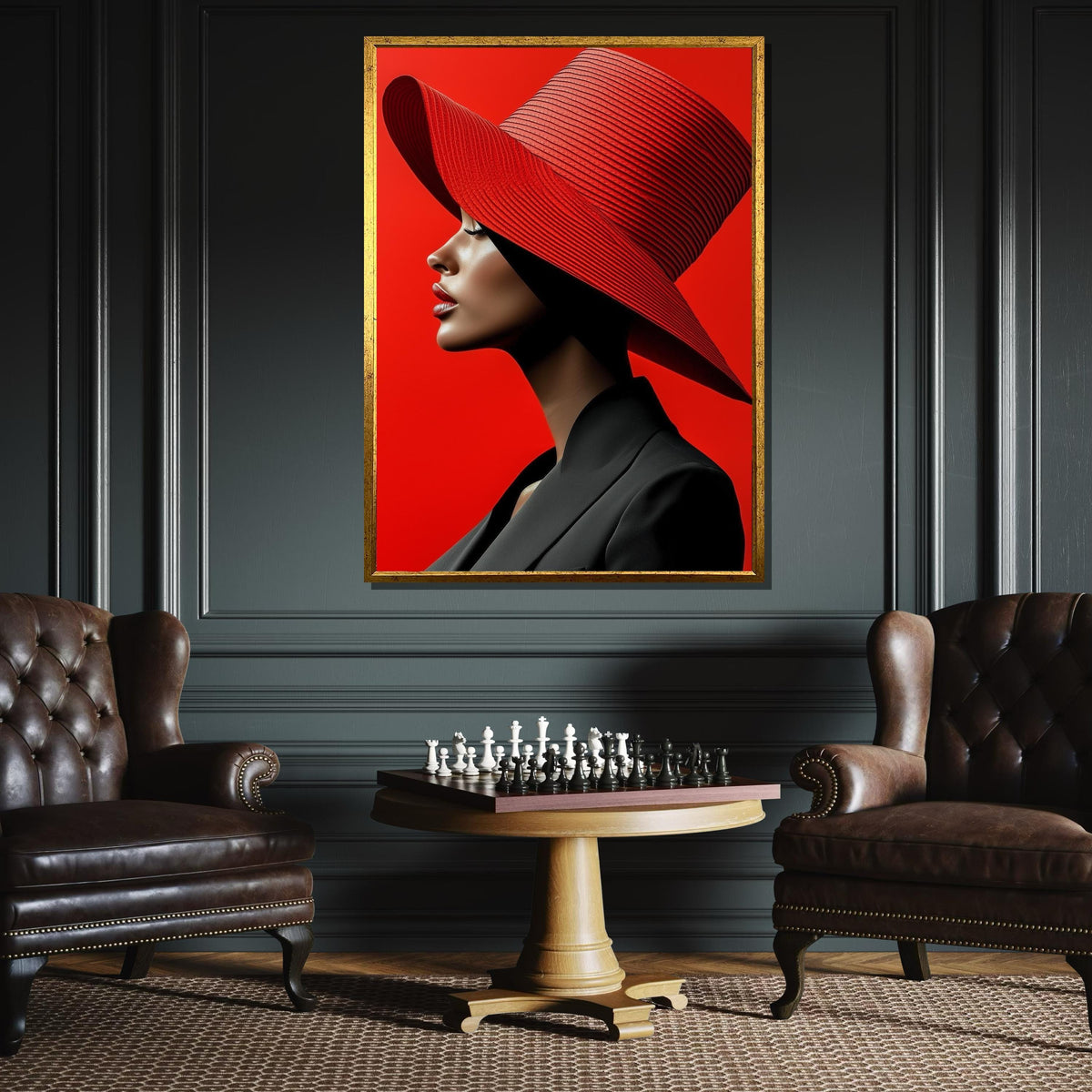 Bold Red Hat Portrait Canvas, Woman Wall Decor, Fashion Icon Wall Art, Vibrant Minimalist Decor, Elegant Woman Artwork, Ready to Hang Canvas
