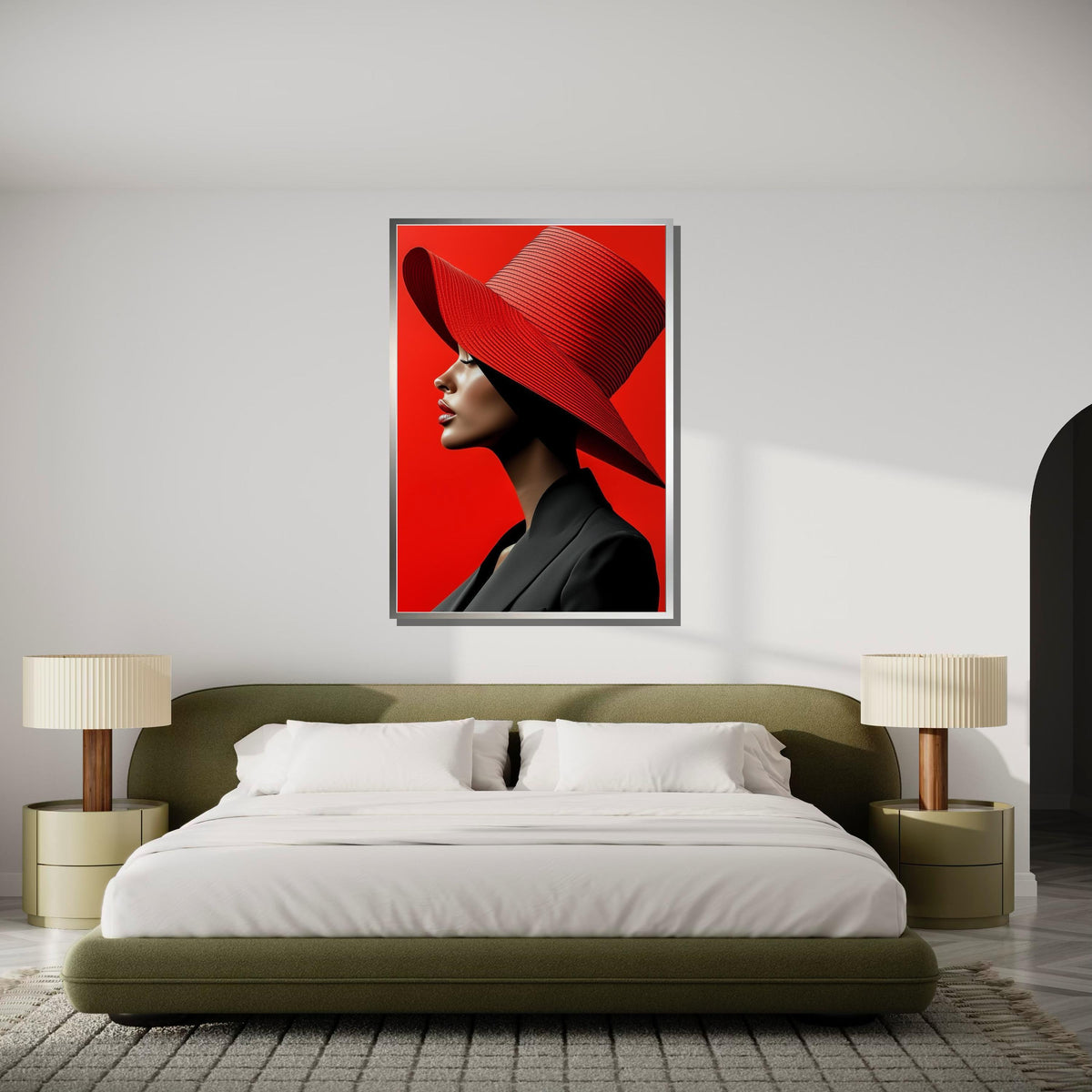 Bold Red Hat Portrait Canvas, Woman Wall Decor, Fashion Icon Wall Art, Vibrant Minimalist Decor, Elegant Woman Artwork, Ready to Hang Canvas