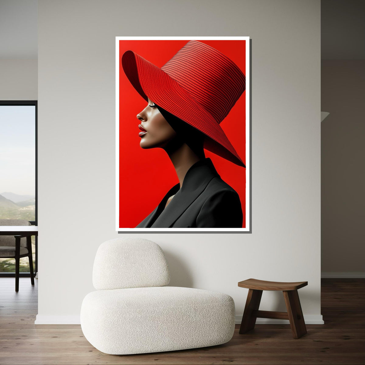 Bold Red Hat Portrait Canvas, Woman Wall Decor, Fashion Icon Wall Art, Vibrant Minimalist Decor, Elegant Woman Artwork, Ready to Hang Canvas