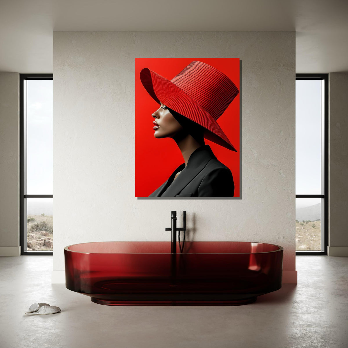 Bold Red Hat Portrait Canvas, Woman Wall Decor, Fashion Icon Wall Art, Vibrant Minimalist Decor, Elegant Woman Artwork, Ready to Hang Canvas