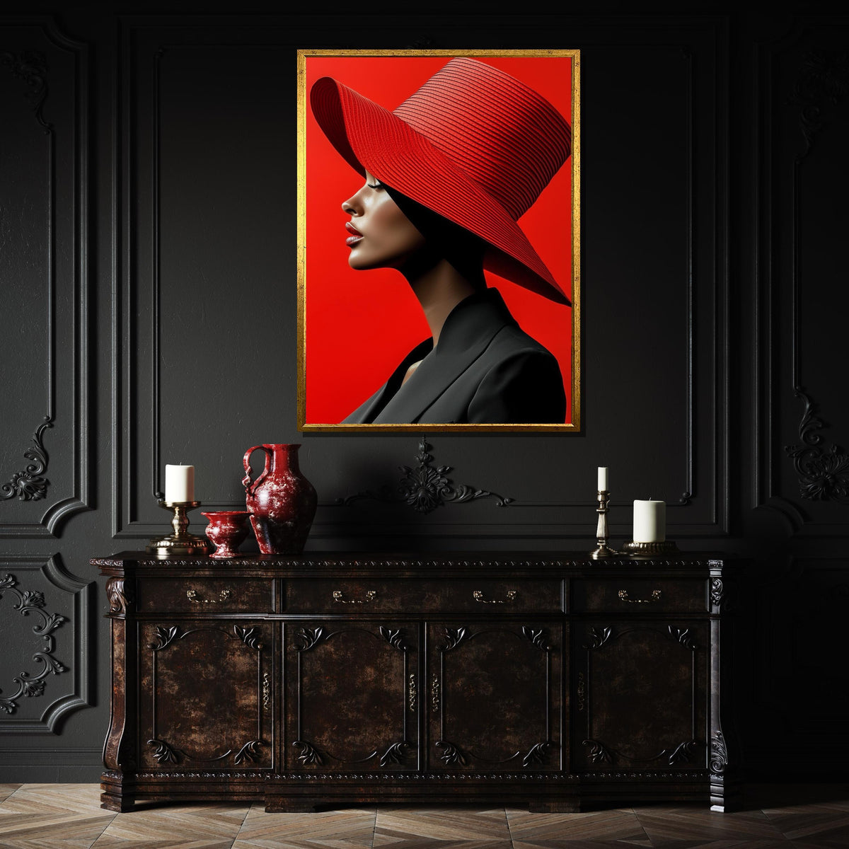 Bold Red Hat Portrait Canvas, Woman Wall Decor, Fashion Icon Wall Art, Vibrant Minimalist Decor, Elegant Woman Artwork, Ready to Hang Canvas