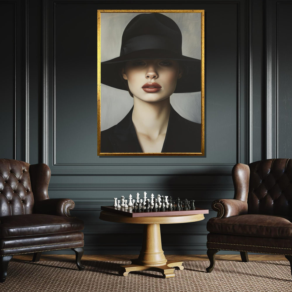 Woman Portrait Canvas, Wide-Brim Hat Artwork, Elegant Fashion Wall Art, Minimalist Style Decor, Ready to Hang Canvas