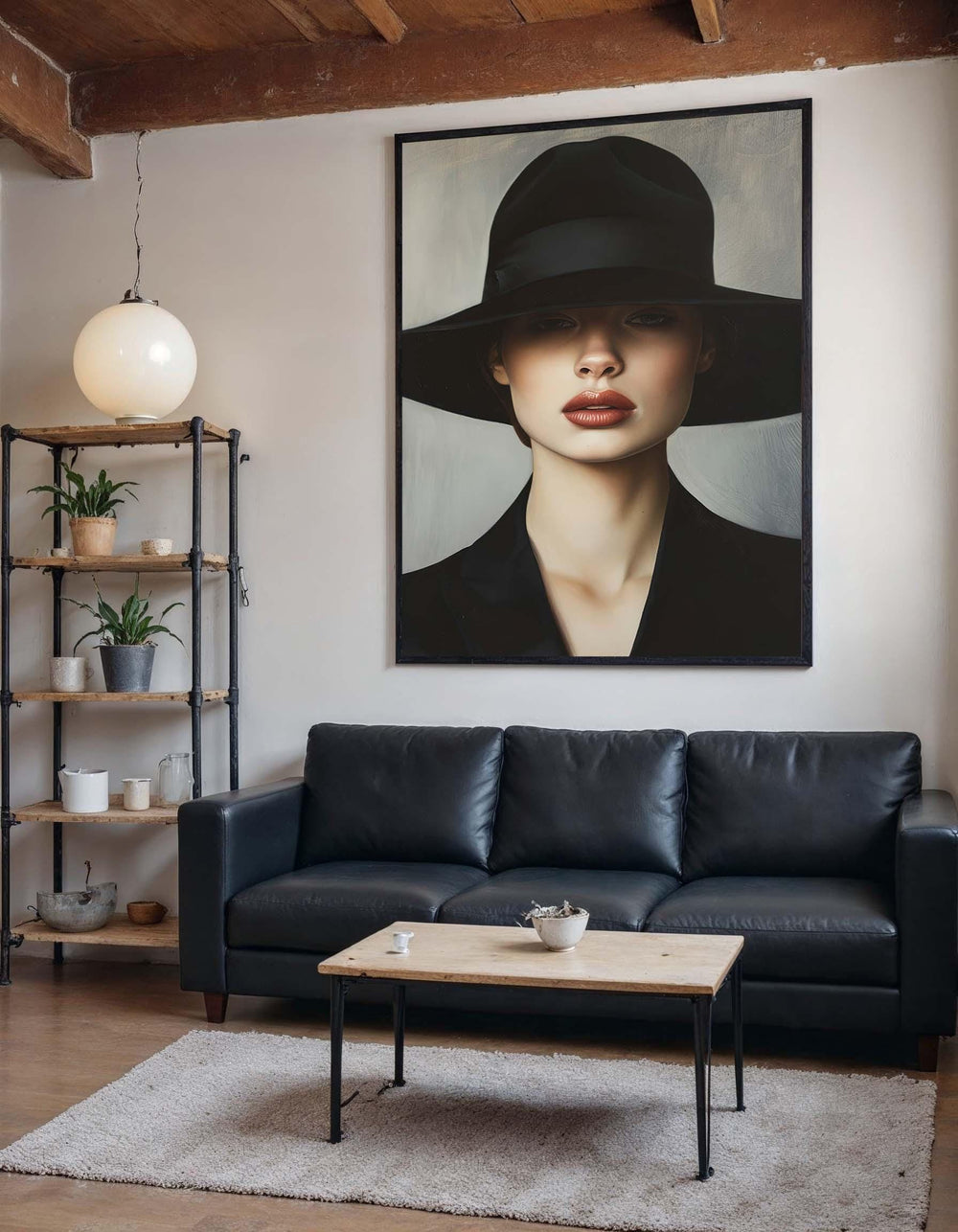 Woman Portrait Canvas, Wide-Brim Hat Artwork, Elegant Fashion Wall Art, Minimalist Style Decor, Ready to Hang Canvas