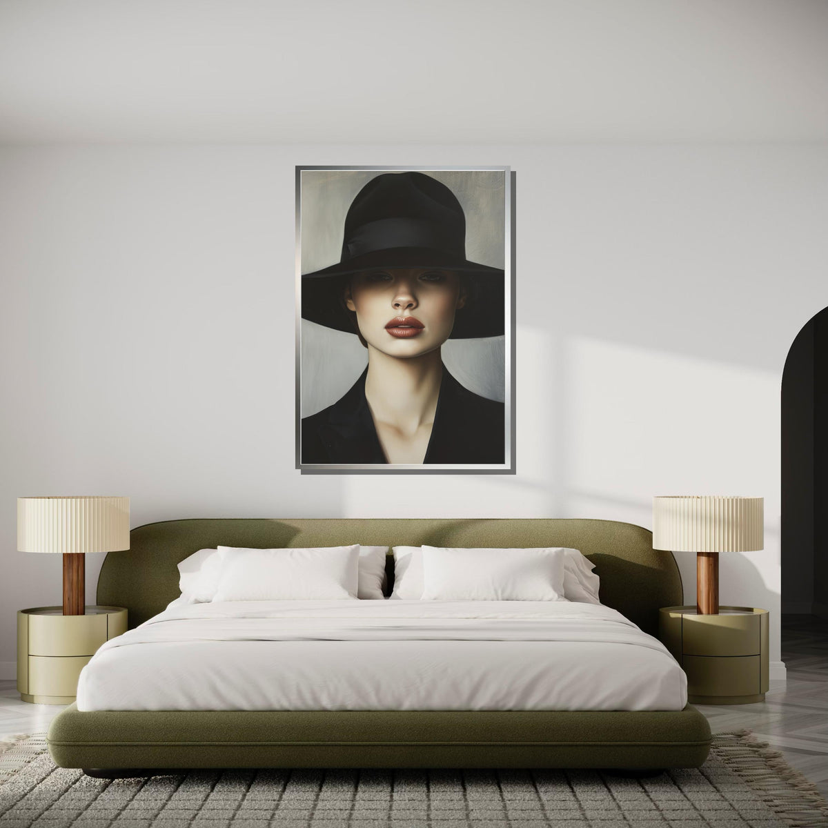 Woman Portrait Canvas, Wide-Brim Hat Artwork, Elegant Fashion Wall Art, Minimalist Style Decor, Ready to Hang Canvas