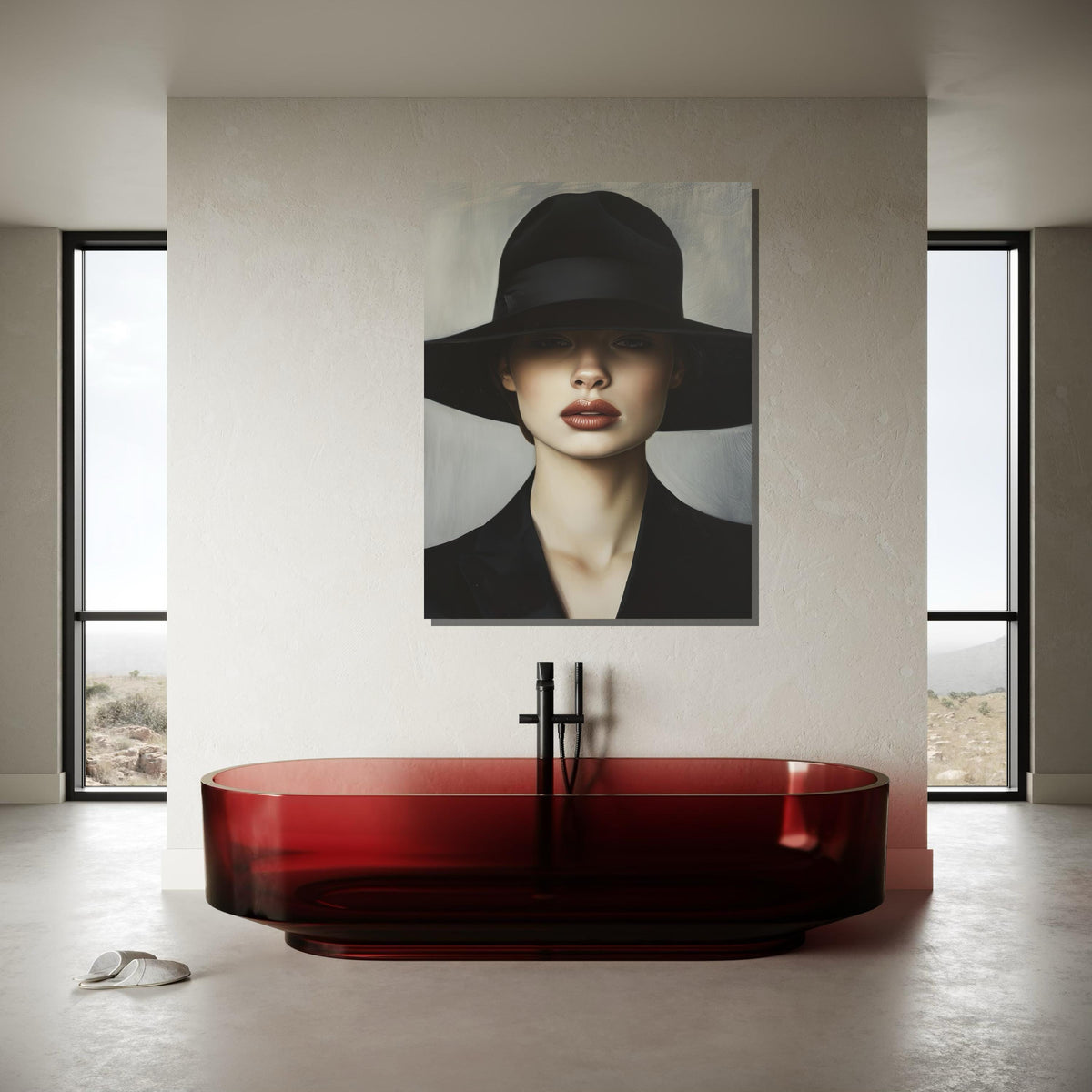 Woman Portrait Canvas, Wide-Brim Hat Artwork, Elegant Fashion Wall Art, Minimalist Style Decor, Ready to Hang Canvas