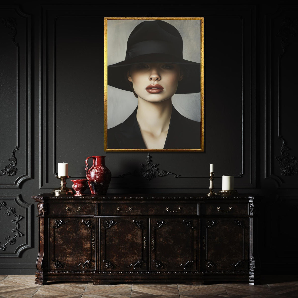 Woman Portrait Canvas, Wide-Brim Hat Artwork, Elegant Fashion Wall Art, Minimalist Style Decor, Ready to Hang Canvas