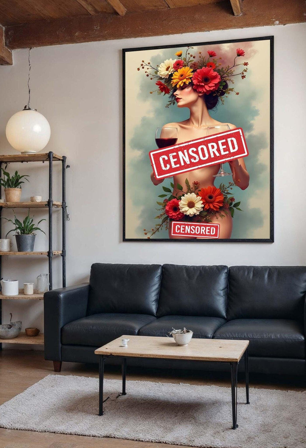 Floral Wine Goddess Canvas, Sensual Nude Art, Bold Feminine Wall Decor, Vibrant Flower and Wine Artwork, Wall Art Canvas Design