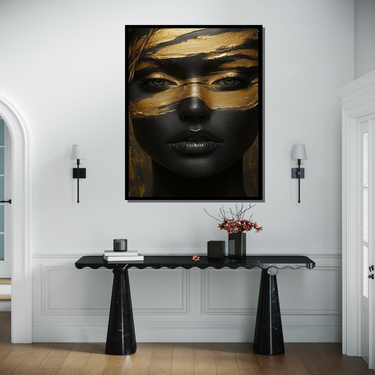 Black and Gold Abstract Portrait, Luxurious Woman Canvas, Woman Glam Wall Art, Modern Art Print, Bold Statement Decor,Ready to Hang Artwork