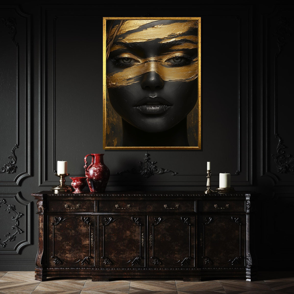 Black and Gold Abstract Portrait, Luxurious Woman Canvas, Woman Glam Wall Art, Modern Art Print, Bold Statement Decor,Ready to Hang Artwork