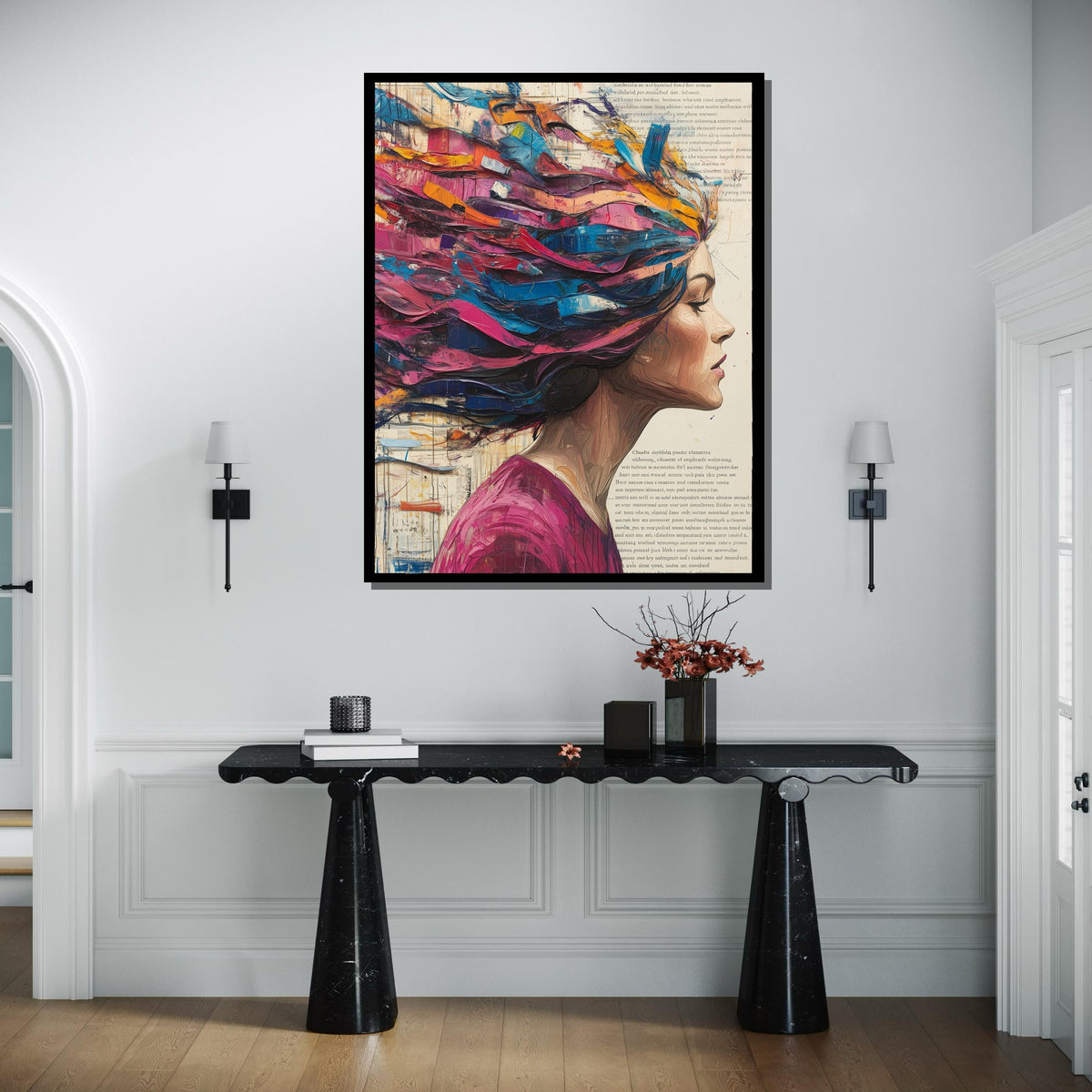 Abstract Woman Canvas, Colorful Hair Portrait,Modern Abstract Wall Art, Vibrant Female Profile, ArtisticWall Decor, Ready To Hang Decoration