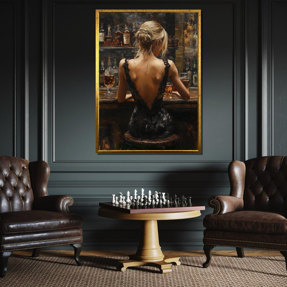 Elegant Bar Scene Canvas, Woman in Black Dress Art, Sophisticated Evening Wall Art,Backless Gown Portrait,Romantic Canvas, Ready To Hang Art