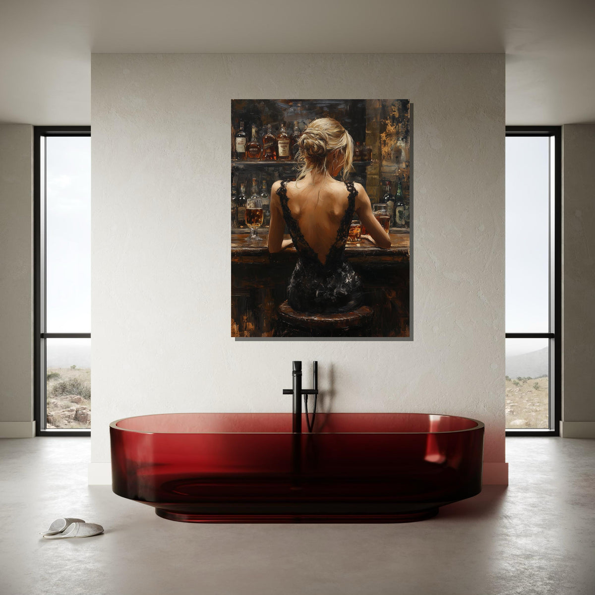 Elegant Bar Scene Canvas, Woman in Black Dress Art, Sophisticated Evening Wall Art,Backless Gown Portrait,Romantic Canvas, Ready To Hang Art
