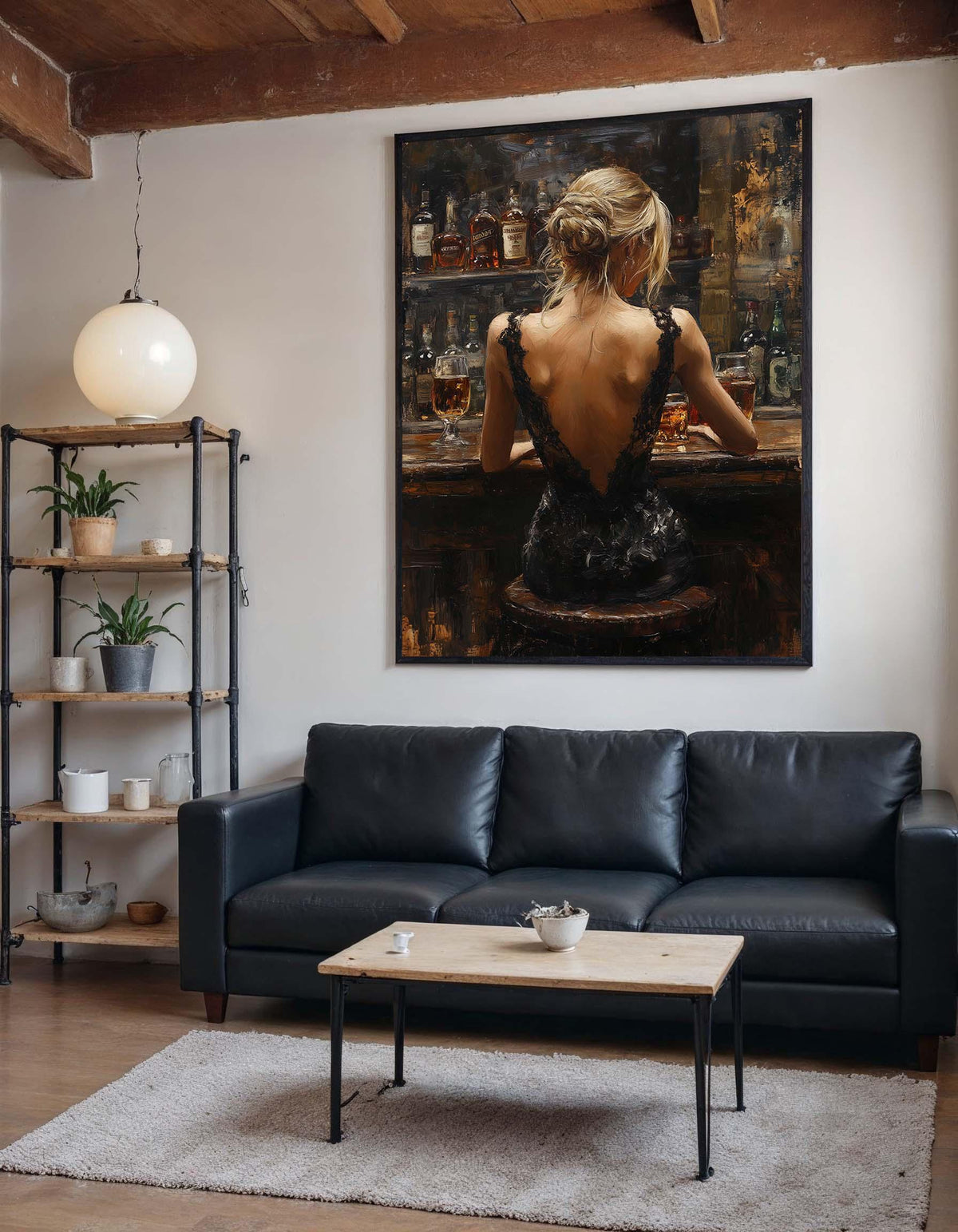 Elegant Bar Scene Canvas, Woman in Black Dress Art, Sophisticated Evening Wall Art,Backless Gown Portrait,Romantic Canvas, Ready To Hang Art