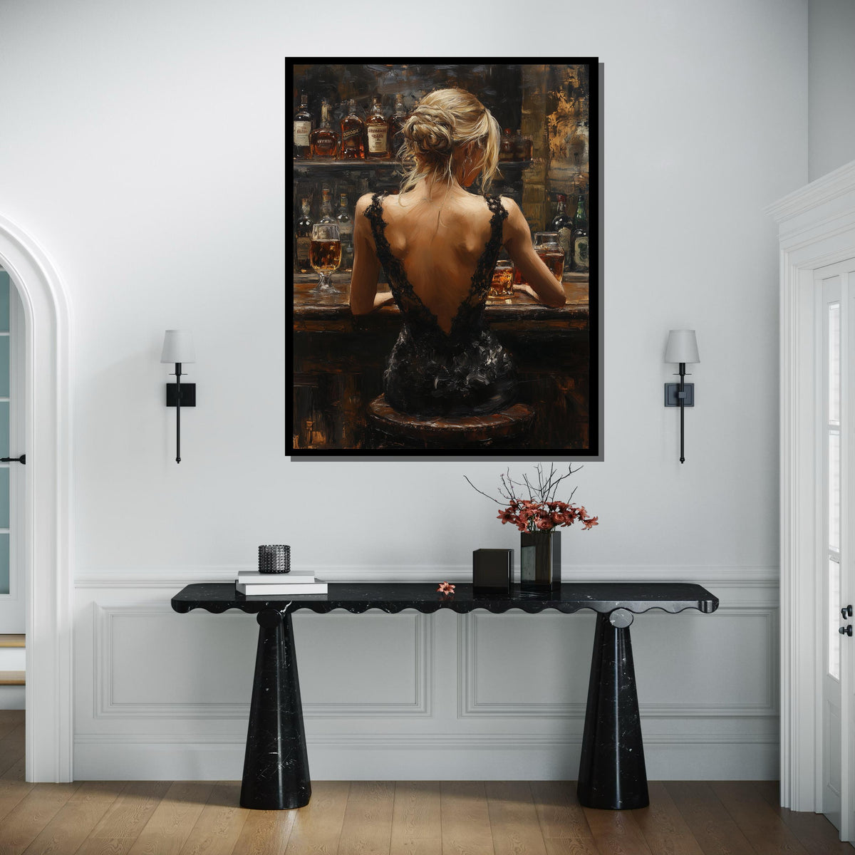 Elegant Bar Scene Canvas, Woman in Black Dress Art, Sophisticated Evening Wall Art,Backless Gown Portrait,Romantic Canvas, Ready To Hang Art
