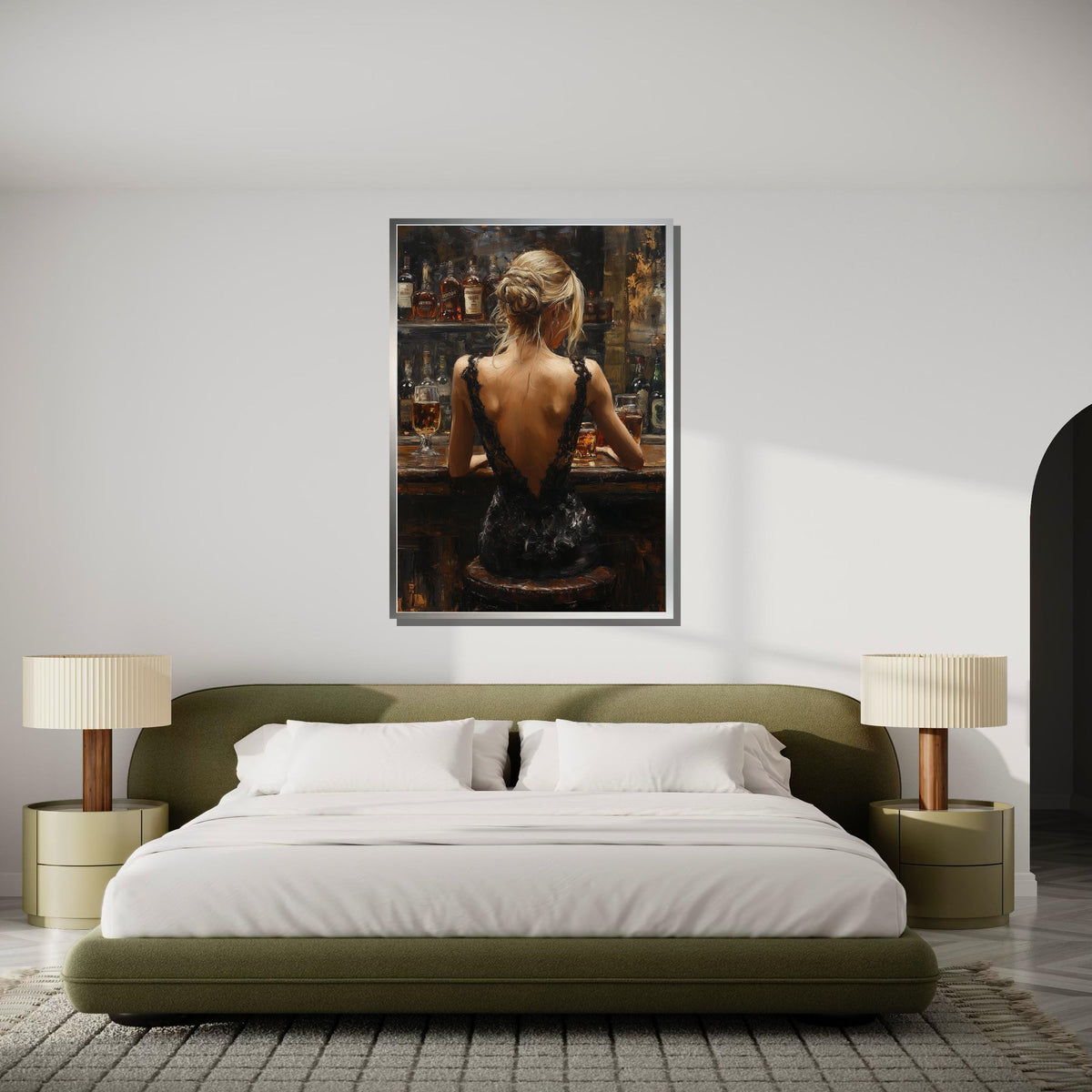 Elegant Bar Scene Canvas, Woman in Black Dress Art, Sophisticated Evening Wall Art,Backless Gown Portrait,Romantic Canvas, Ready To Hang Art