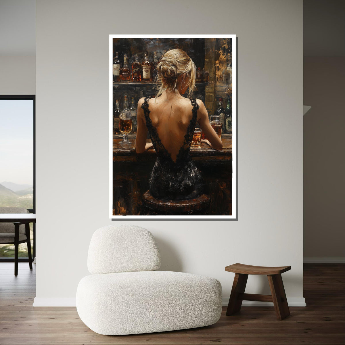 Elegant Bar Scene Canvas, Woman in Black Dress Art, Sophisticated Evening Wall Art,Backless Gown Portrait,Romantic Canvas, Ready To Hang Art