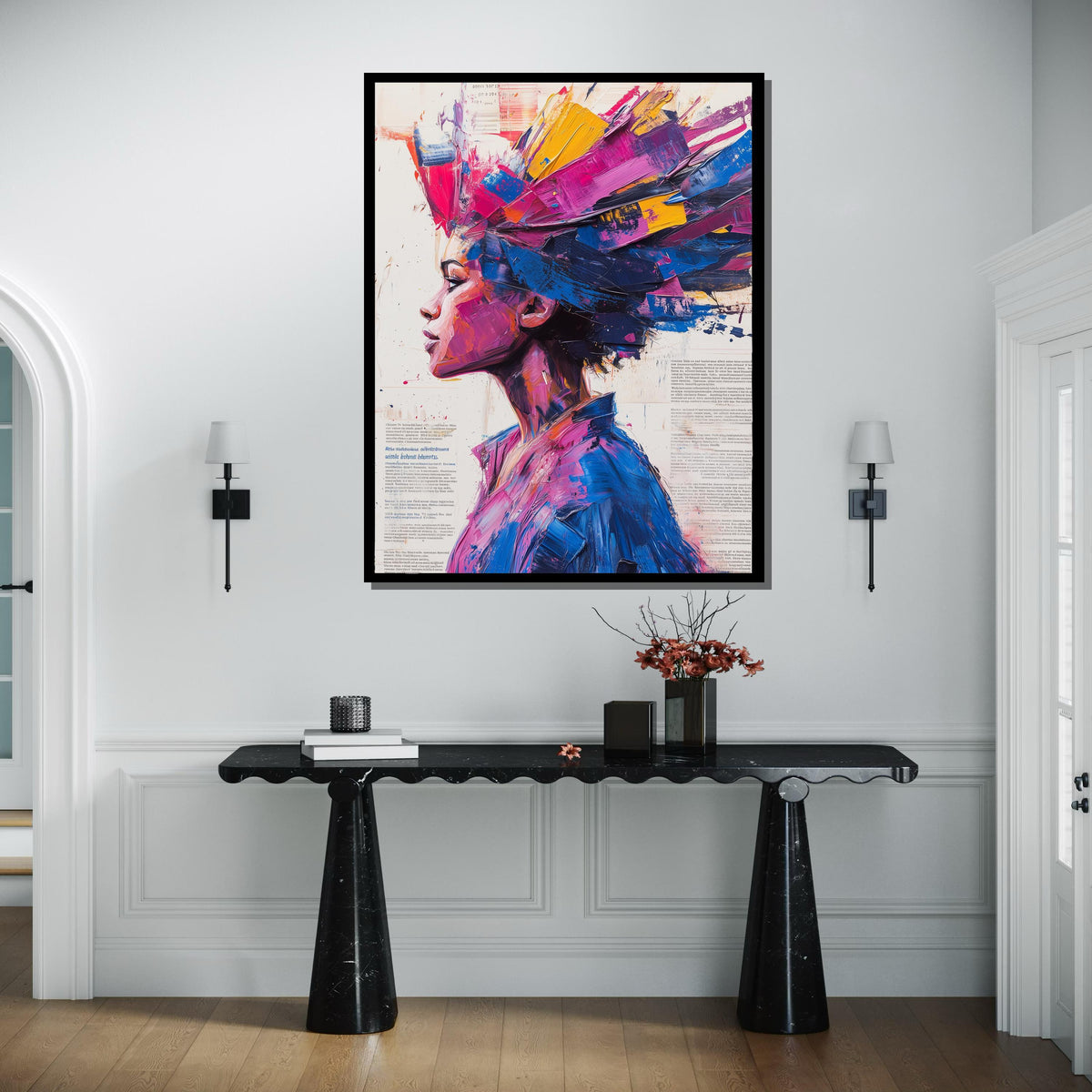 Abstract Woman Canvas, Colorful Hair Portrait,Modern Abstract Wall Art, Vibrant Female Profile, ArtisticWall Decor, Ready To Hang Decoration