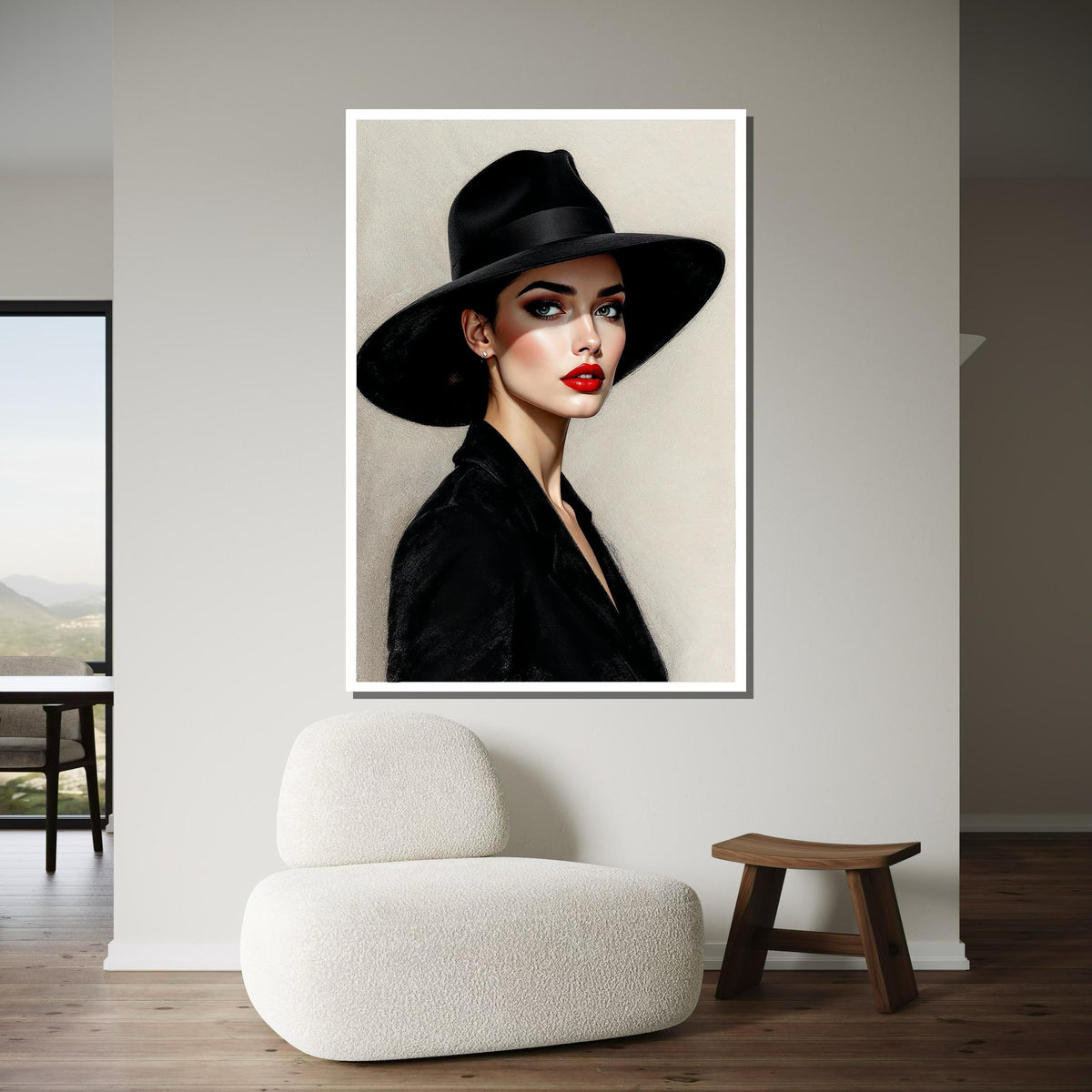 Elegant Woman in Black Hat Canvas, Stylish Portrait Art, Modern Wall Art, Fashion Illustration Canvas, Ready to Hang Wall Décor