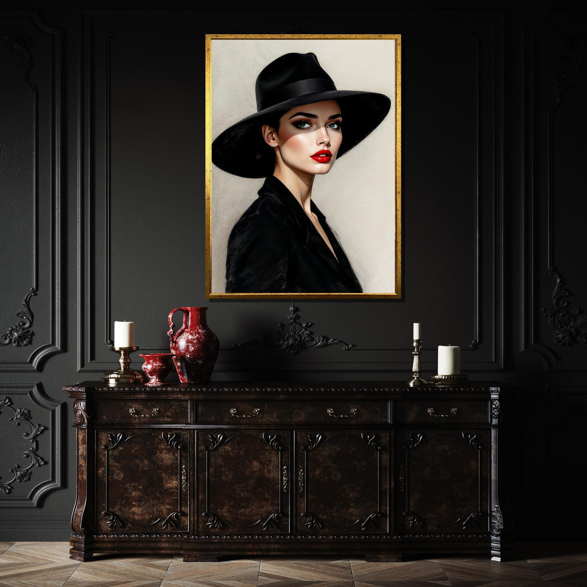 Elegant Woman in Black Hat Canvas, Stylish Portrait Art, Modern Wall Art, Fashion Illustration Canvas, Ready to Hang Wall Décor