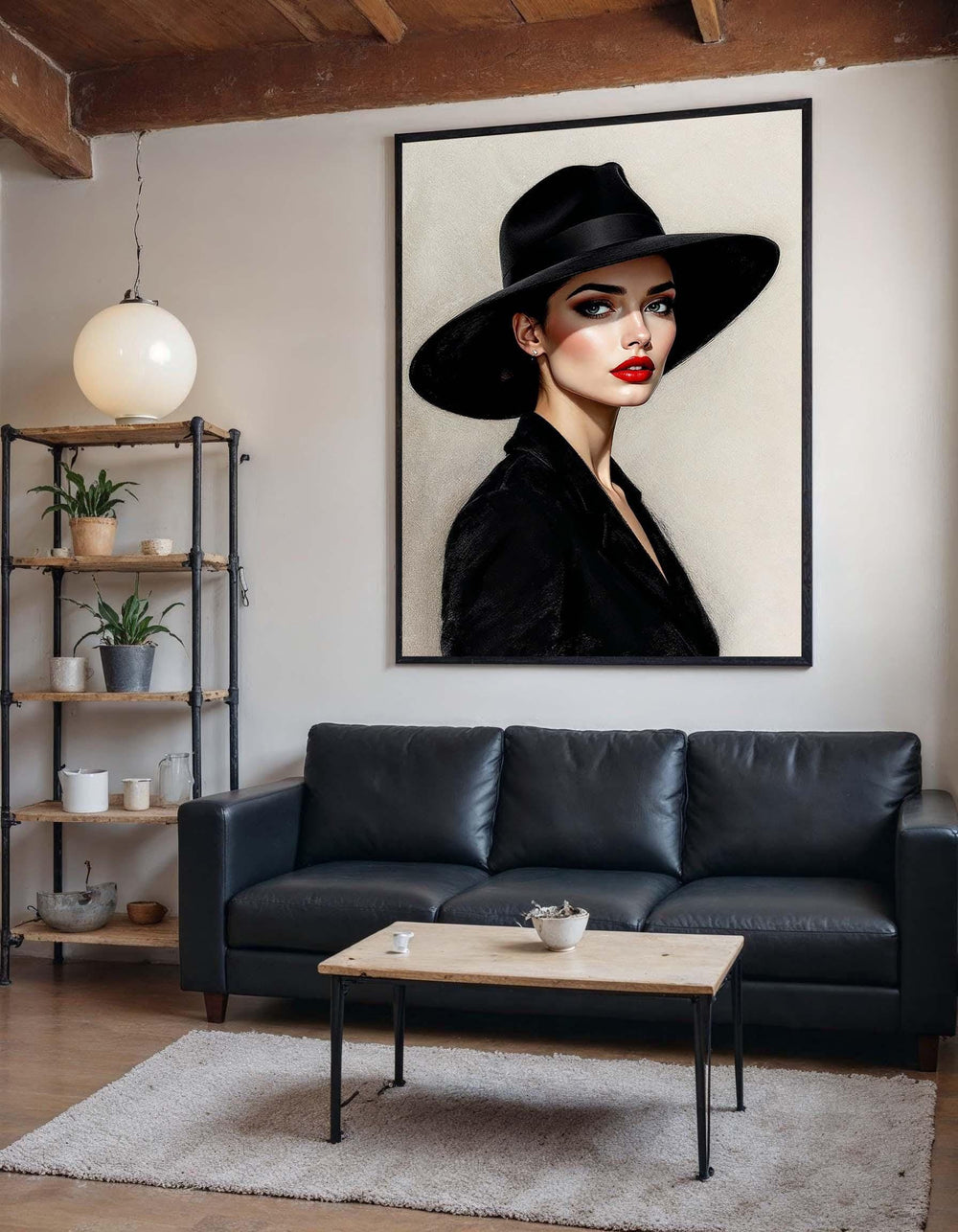 Elegant Woman in Black Hat Canvas, Stylish Portrait Art, Modern Wall Art, Fashion Illustration Canvas, Ready to Hang Wall Décor
