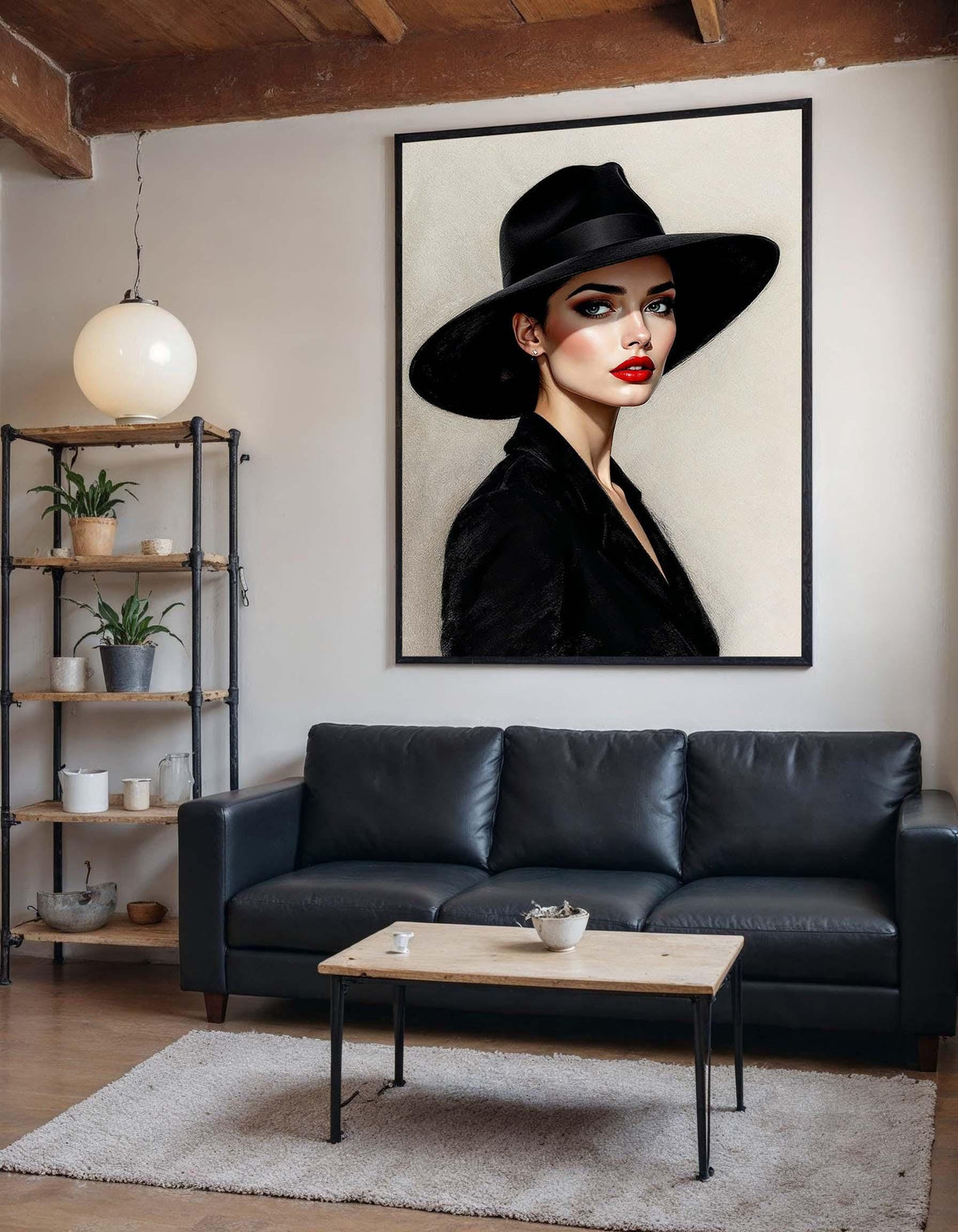 Elegant Woman in Black Hat Canvas, Stylish Portrait Art, Modern Wall Art, Fashion Illustration Canvas, Ready to Hang Wall Décor
