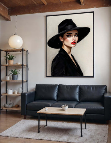 Elegant Woman in Black Hat Canvas, Stylish Portrait Art, Modern Wall Art, Fashion Illustration Canvas, Ready to Hang Wall Décor