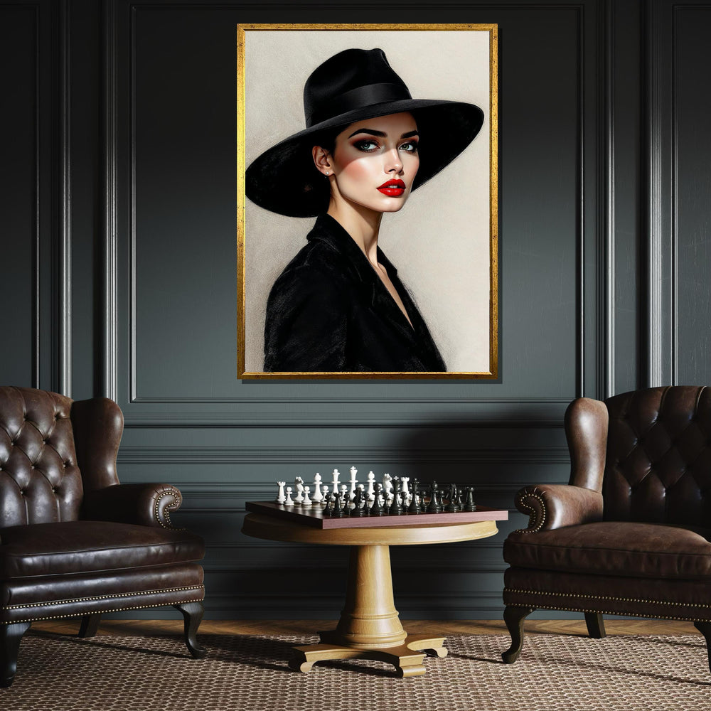 Elegant Woman in Black Hat Canvas, Stylish Portrait Art, Modern Wall Art, Fashion Illustration Canvas, Ready to Hang Wall Décor