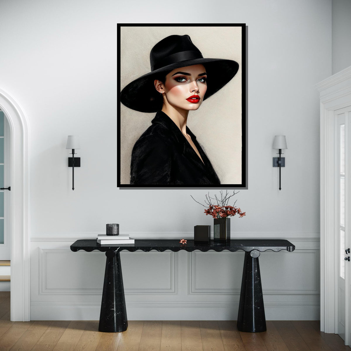 Elegant Woman in Black Hat Canvas, Stylish Portrait Art, Modern Wall Art, Fashion Illustration Canvas, Ready to Hang Wall Décor