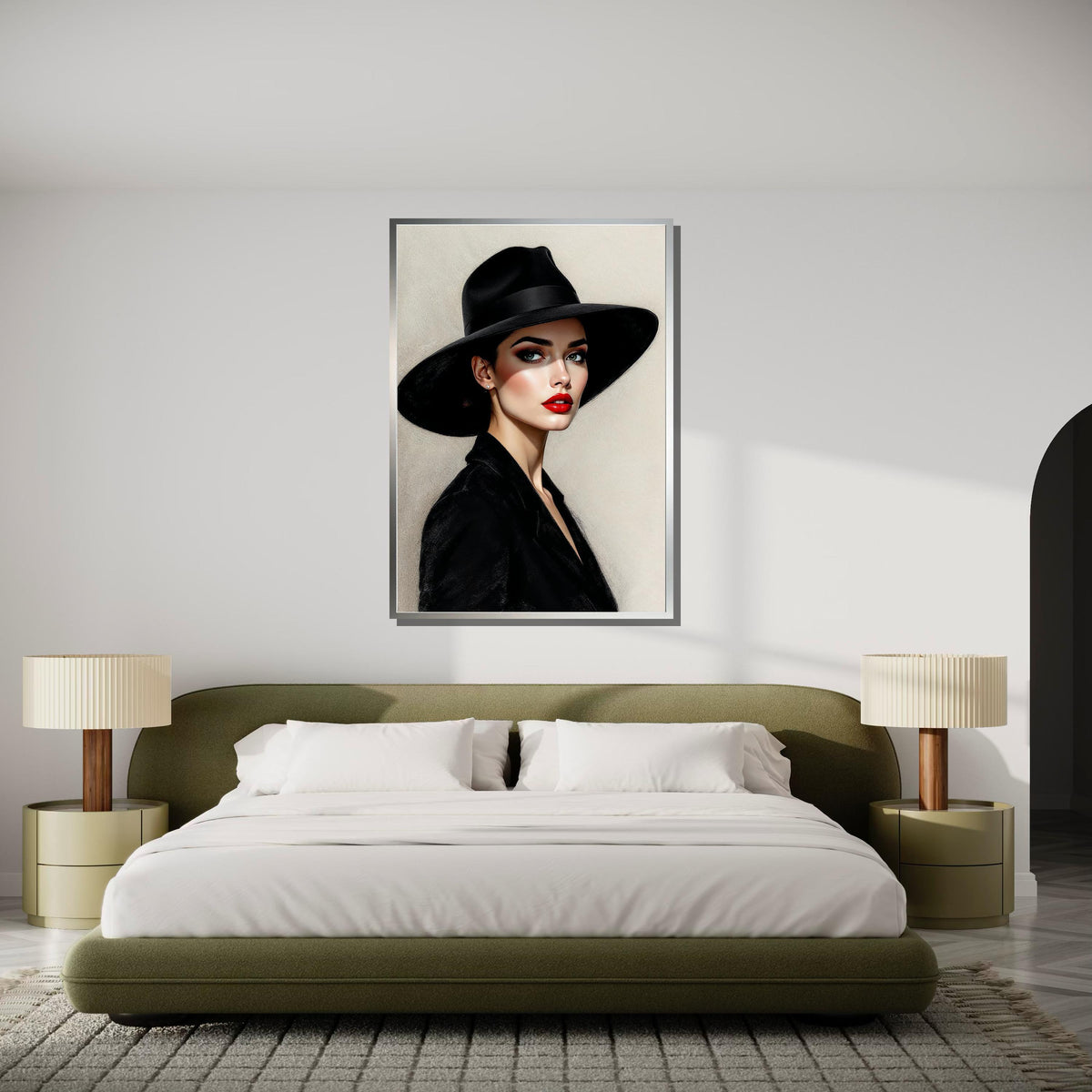 Elegant Woman in Black Hat Canvas, Stylish Portrait Art, Modern Wall Art, Fashion Illustration Canvas, Ready to Hang Wall Décor